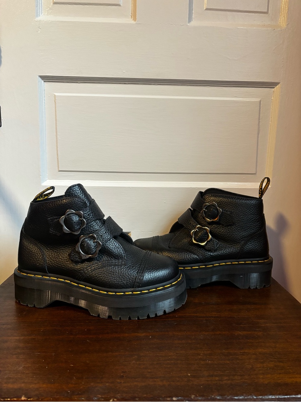 Dr. Martens Devon Black Leather Platform Ankle Boots with Floral Buckles